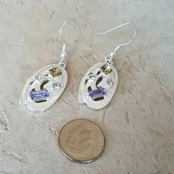 Sterling Silver Plated Oval Topaz Blue Clear Crystal Art Nouveau Dangle Earrings - Picture 5 of 5